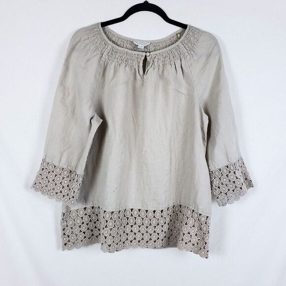 Charter Club Linen Peasant Top Womens L Beige Smocked Crochet Lace Coastal Boho - Picture 1 of 9